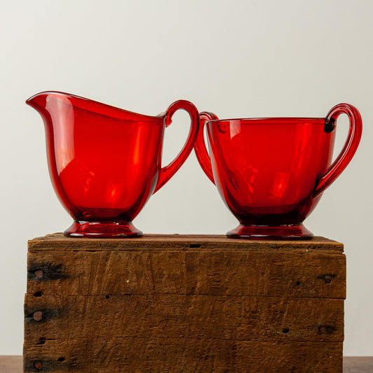 Red Glass Creamer and Sugar Set